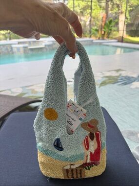Embroidered Beach Terry Tote in Light Blue and Tan